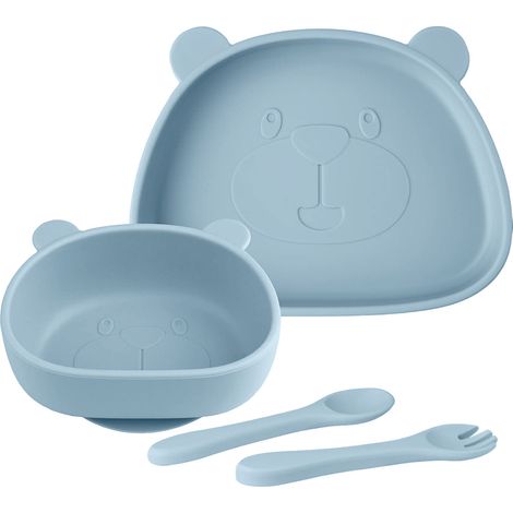 Ensemble vaisselle 4 pièces, assiette silicone, bol ventouse, cuillère fourchette, sans BPA, micro-ondes