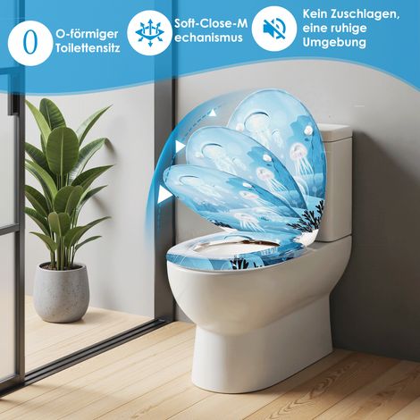 Abattant de toilette allongé imprimé à motifs, couvercle décoratif élégant en urée-formaldéhyde, fermeture lente et silencieuse, charnières réglables, siège de toilette de salle de bain durable en uré