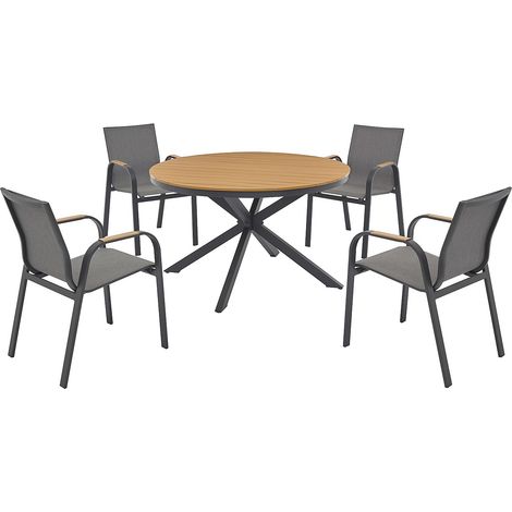 Sala da pranzo da giardino in alluminio: tavolo rotondo D.125 cm e 4 poltrone - Antracite e naturale chiaro - ZEYVA di MYLIA