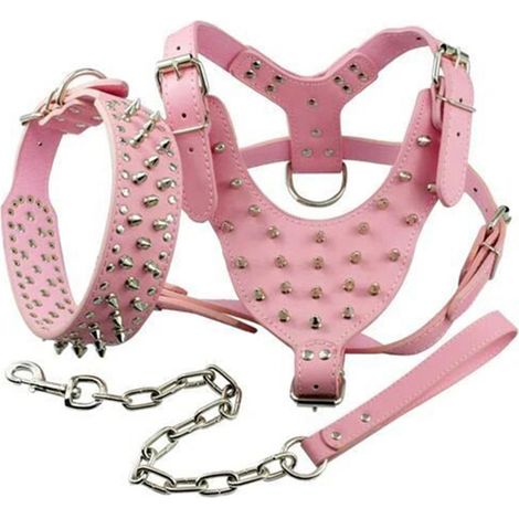 Hundehalsband und -geschirr mit Nieten, beißfestes Geschirr aus PU-Leder mit verstärktem D-Ring, Größe L, rosa