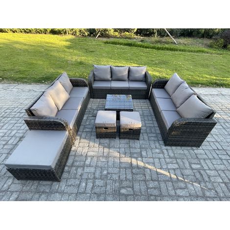 Fimous 12 Seater Rattan Outdoor Furniture Set Patio Garden Sofa Set with Square Coffee Table 3 Seater Sofa 3 Footstools Dark Grey Mixed (1/5)