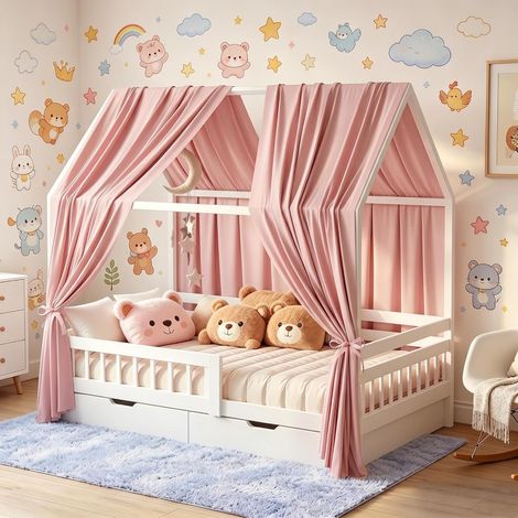 Lot de 2 baldaquins pour lit de maison - En mousseline - Doux et respirant - Décoration pour chambre d'enfant - Pour filles et garçons - 62 x 270 cm - Rose (1/5)