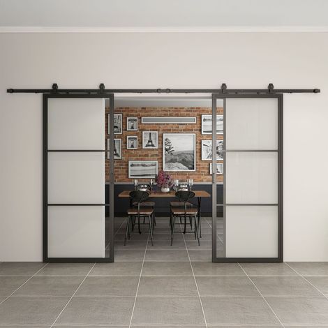 Double porte coulissante 176 x 203 cm porte intérieure en verre, décor Loftstyle noir porte verrière