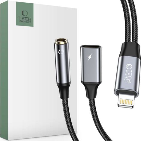 Adaptador de cable Tech-protect Ultraboost Lightning a mini jack de 3,5 mm y Lightning negro (1/3)
