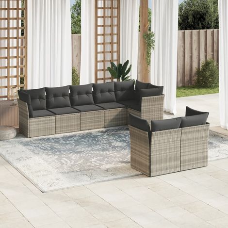 8-tlg. Garten-Sofagarnitur mit Kissen Hellgrau Poly Rattan (1/3)