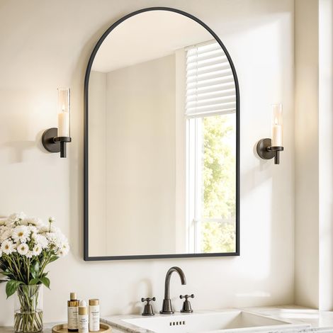 SONGMICS Specchio Bagno, Specchio da Parete, ad Arco, Cornice in Alluminio, 91 x 61 cm, Pellicola di Sicurezza, Facile da Montare, Soggiorno Camera da Letto, Nero Inchiostro LWM011BD01 (1/5)