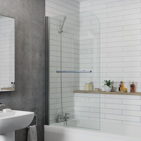Bathroom Bath Shower Screen Chrome 6mm Glass Reversible 800mm With Towel Rail