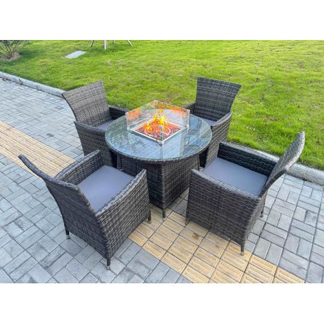 Fimous 5-Piece PE Rattan Garden Furniture with Medium Round Gas Firepit Table and 4 Chairs for Patio Dark Grey Mixed (1/5)