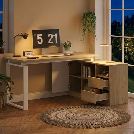 Bureau d'angle 152x113.5x76 cm avec 2 tiroirs et 3 étagères réglables   et 1 placard bois blanc MDF + Métal  Bois naturel