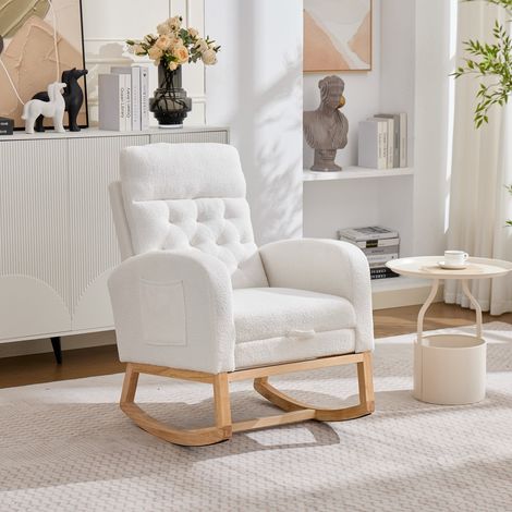 Fauteuil à bascule en tissu bouclé, fauteuil d'allaitement, repose-pieds réglable et poches latérales, idéal pour chambre d'enfant, chambre à coucher, salon, blanc, 65,6 x 123 x 102 cm (1/5)