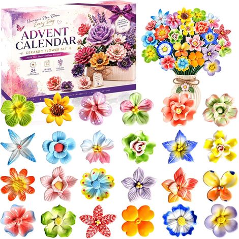 Calendrier de l'Avent 2026 pour femmes, calendrier de l'Avent de Noël avec fleurs en céramique, 24 jours de bouquets de fleurs surprise pour femmes adultes, adolescentes, mamans et épouses (1/5)