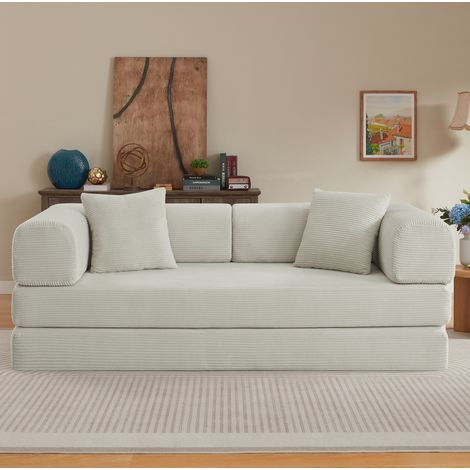 Canapé convertible en mousse beige 204 x 97 x 65 cm avec 2 coussins et structure en acier HAVRYA (1/5)