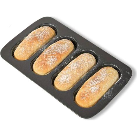 Teglia da forno antiaderente per panini e baguette in acciaio al carbonio - Misura 34,6x21,5 cm - 4 Stampi forati da 7x17 cm - Resistente fino a 230° (1/5)