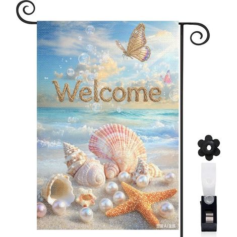 Drapeau de jardin bienvenue 30 x 45 cm motif coquillages et étoiles de mer style plage toile double face (1/5)