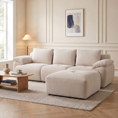 Canapé d'angle modulable avec pouf, 264x89x71 cm, Sans montage, Velours côtelé, scandinave, Beige (1/5)