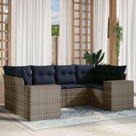 Salon de jardin 6 pièces en résine tressée gris avec coussins bleu marine, 54.2kg - PANGIVO (1/5)