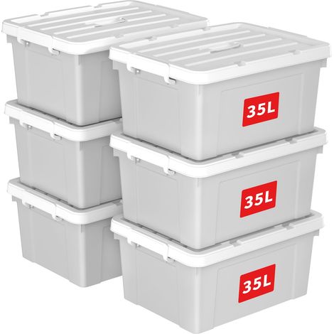 Boîte de Rangement, Bac de rangement avec Poignée, Plastique Organisateur avec Couvercle, Empilable, Transportable, pour Vêtements, Bureau, Chambre, Dortoirs, Gris, 35L - Lot de 6 (1/5)