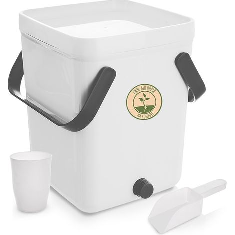 Composteur de cuisine - 10 l - avec poignées - en plastique - blanc - Inclus tamis, gobelet gradué et pelle (1/5)