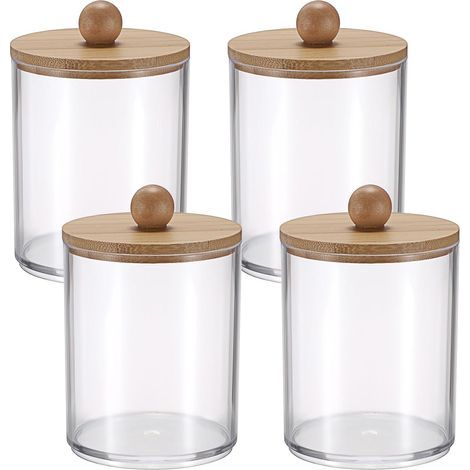 Lot de 4 boîtes de rangement transparentes en plastique pour bouteilles de médicaments avec couvercles en bambou, pour distributeur de cotons-tiges, organisateur de bocaux de salle de bain (1/5)