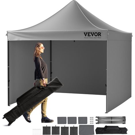Tonnelle Pop-up 304,8x304,8 cm Tente Tonnelle Jardin Parois Latérales Amovibles Sac à Roulettes Résistant UV Imperméable Tente Gazebo pour Plein Air, Terrasse, Jardin, Fête, Camping, Gris Foncé (1/5)