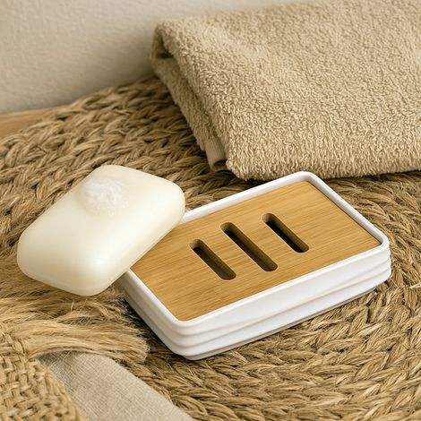 Exagonshop Portasapone in plastica ABS e bamboo bianco Alabama