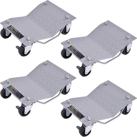 Lot de 4 chariots porte-roue gris en acier avec roulettes pivotantes dont 2 avec frein et poignées de transport pour garage et (1/5)