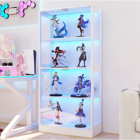Vitrine LED en MDF et verre, 4 niveaux de rangement, portes push-to-open, éclairage multicolore piloté par app, finition blanche - CHICFURN (1/5)