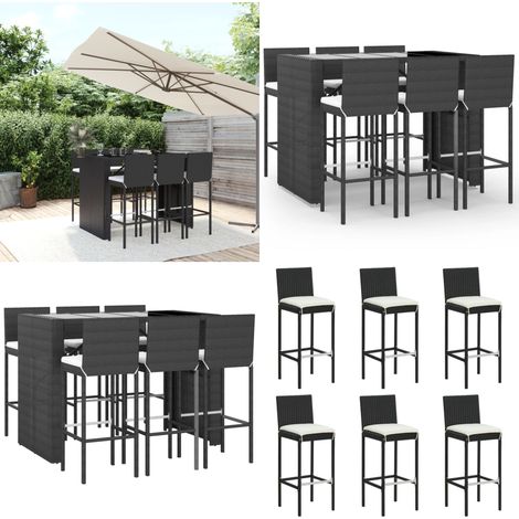 Ensemble de bar de jardin 7 pcs avec coussins noir poly rotin - Ensemble Salon De Jardin - Mobilier De Jardin - Set De Bar Extérieur - Table Et Chaises De Jardin - Chaise De Bar - Home & Living (1/5)
