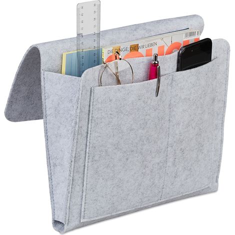 Relaxdays Bed Pocket, Hanging Bedside Storage, 5 Sections, Sofa & Armchair, Felt Organiser, 27 x 31.5 x 5 cm, Light Grey