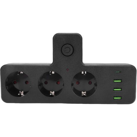Multiprise multifonction avec interrupteur : 3 prises secteur, 3 ports USB et 1 port USB-C. Idéale pour la maison, les voyages et les chambres d'étudiant. (1/5)