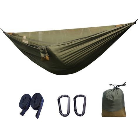 Outdoor-Hängematte mit Moskitonetz, geeignet für Outdoor-Camping, Wandern und Reisen, Armeegrün und Kamelfarbe, 280 x 140 cm