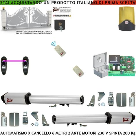 Cancello Elettrico da 6 Metri 2 Ante da 3 Metri Kit Base 2 Motori 230 V Spinta 2 Q.li 2 Radiocomandi Faro 3 Candele 1 Coppia di Fotocellule Selettore con 2 Chiavi Sblocco al Carrello Cartello Monitore (1/5)