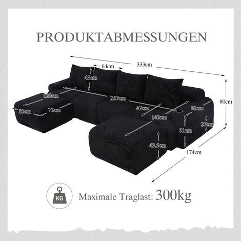 Canapé modulaire velours côtelé 4 personnes avec 2 tabourets combinable librement porte-gobelet sac rangement latéral salon familial noir. (1/5)