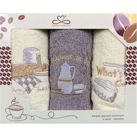 Juego de paños de cocina "Kuchcik" con estampado de desayuno, 30x50 cm, color beige y crudo.