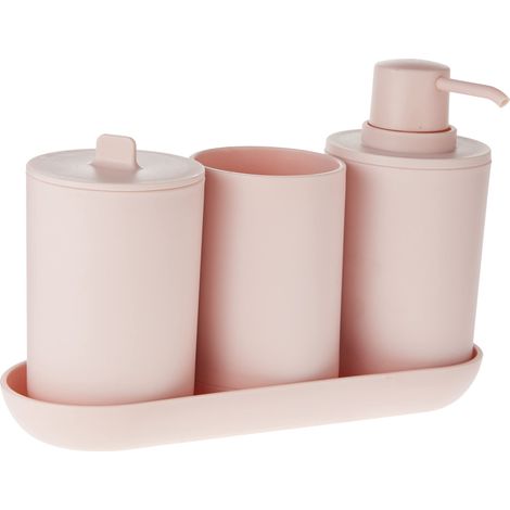 iDesign Cade accessori bagno, Set da 4 in plastica composto da dispenser sapone, portaspazzolini, contenitore cotone e vassoio, rosa, 24,5 cm x 8,9 cm x 16,2 cm (1/4)