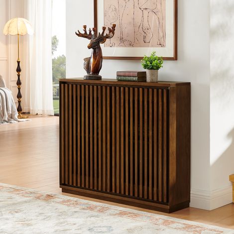 Buffet moderne du milieu du siècle, à panneaux cannelés et ajourés, avec 2 ouvertures pour prises électriques, meuble de rangement en noyer pour salon, entrée, couloir, salle à manger (1/4)
