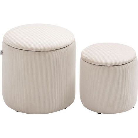 Pouf ottoman lot de 2 avec rangement, rembourrage doux, revêtement aspect velours côtelé, couleur crème. Dimensions : 40 x 40 x 41 cm