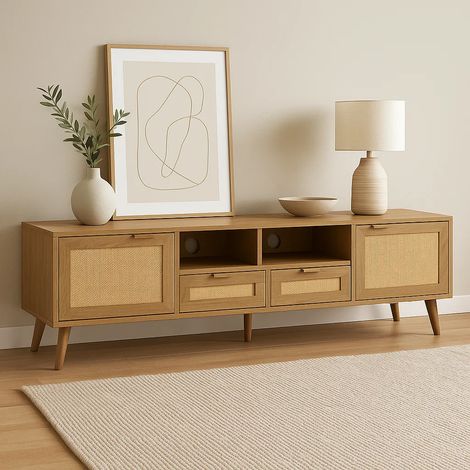 URBAN MEUBLE Commode en rotin tressé pieds en bois massif 200x37x49 cm (1/5)
