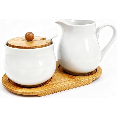 Lot de pots à lait et sucre avec couvercle et cuillère, en céramique blanche et sucrier avec plateau en bois, pour cuisine, salle à manger, lave-vaisselle et micro-ondes (1/5)