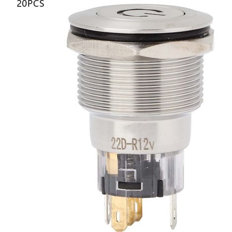 Bouton poussoir plat auto-réinitialisation inox rouge, interrupteur à bouton avec étiquette alimentation, lot de 20, réarmement automatique, contacteur mural robuste, 12V/220V pour panneau de commande (1/5)