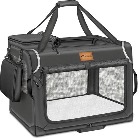 TRESKO Transportín plegable para perros, antracita (XL 83 x 58 x 58 cm), incluye alfombrilla para lamer, espátula y reflectores Transportín para perros y gatos Transportín para perros pequeños y gra