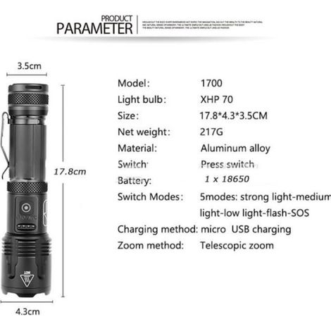 La lampe de poche LED XHP70, 10000 lumens, est une lampe de poche à main rechargeable super lumineuse avec 5 modes (1/4)