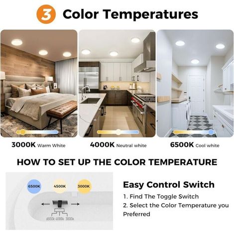Plafonnier LED, 3000K 4000K 6500K 3 Couleurs Lampe Plafond, 15W 1500LM, Moderne, Rond, IP44 Etanche Plafonnier Salle de Bain pour Cuisine, Chambre,Couloir, Garage, Balcon (1/4)