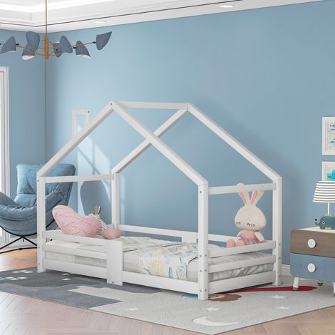 Lit cabane avec grille de protection - 90x200cm - en bois massif - Blanc (1/5)