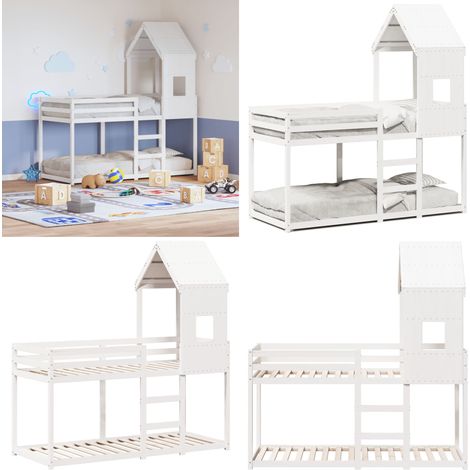 Etagenbett mit Dach Weiß 90x200 cm Massivholz Kiefer - Kinderbett - Jugendbett - Holzbett - Etagenbett - Hochbett - Home & Living