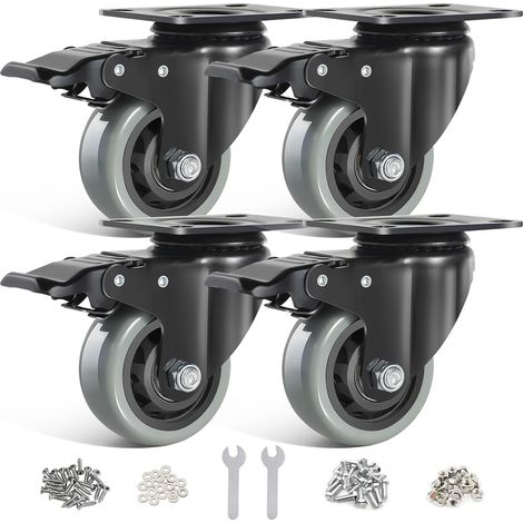Kit de 4 Roulettes Pivotantes Grises 75mm avec Frein Roulette Charge Lourde Jusqu'à 500KG Roulettes à Plaque avec Vis Roulettes Pour Meubles, Chariots et Établis Double Roulement à Billes (1/5)