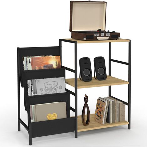 Idmarket – Meuble d'appoint avec 3 étagères – Supports vinyles en tissu Oxford – Design industriel en métal noir et bois – Dimensions 84x35x74 cm (1/5)