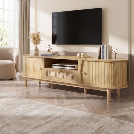 Meuble TV 165x37x46cm avec Porte Coulissante et Tiroirs, Rotin et Bois Massif, Style Maison de Campagne, Naturel (1/5)