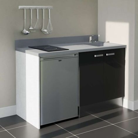 Kitchenette K17L - 140 cm - plan monobloc évier intégré Cromo- évier à droite - Façades Noir + Electroménager inclus coloris Inox (1/5)