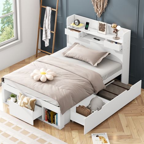 Bett Kiefernholz Weiß 90x200 cm mit USB-C, Steckdosen, Lattenrost und großem Stauraum (1/5)